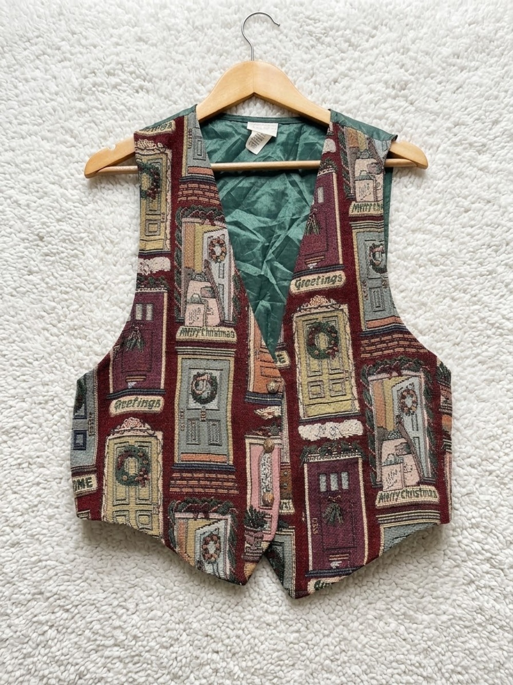 VTG Christmas Tapesty Vest Jacquard Holidays Village Scene USA Made Womens Large